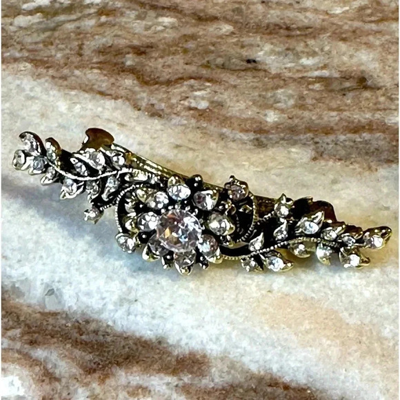 Floral Crystal Rhinestone Medium Barrette/Hair Clip Gold Tone Setting - Picture 3 of 7